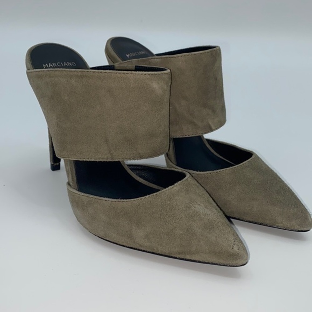 UEC Marciano olive green suede heeled mules size 37/7